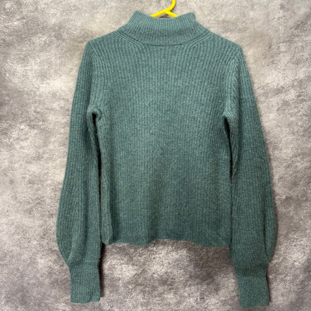 Nanette Lepore 2 Ply Cashmere Mock Neck Sweater Ribbed Balloon Sleeve Sz S Teal